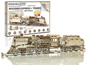 Holzexpress mit Tender und Gleisen