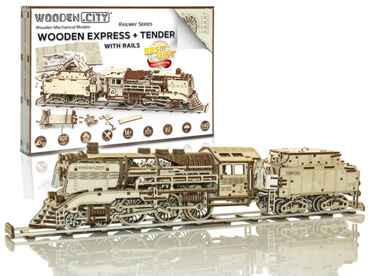 Holzexpress mit Tender und Gleisen