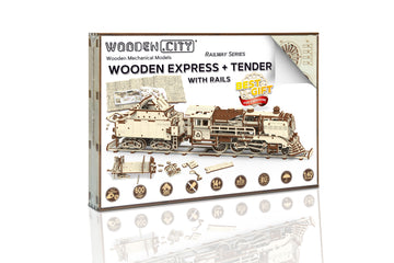 Holzexpress mit Tender und Gleisen