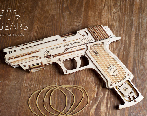 Ugears – Wolf-01 Handfeuerwaffe Gummiband-Pistole | 3D Holzpuzzle