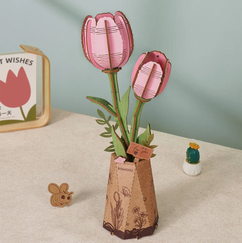 Robotime l Blumen - Deko „Pink Tulip“ | 3D Holzpuzzle - Lama Welt