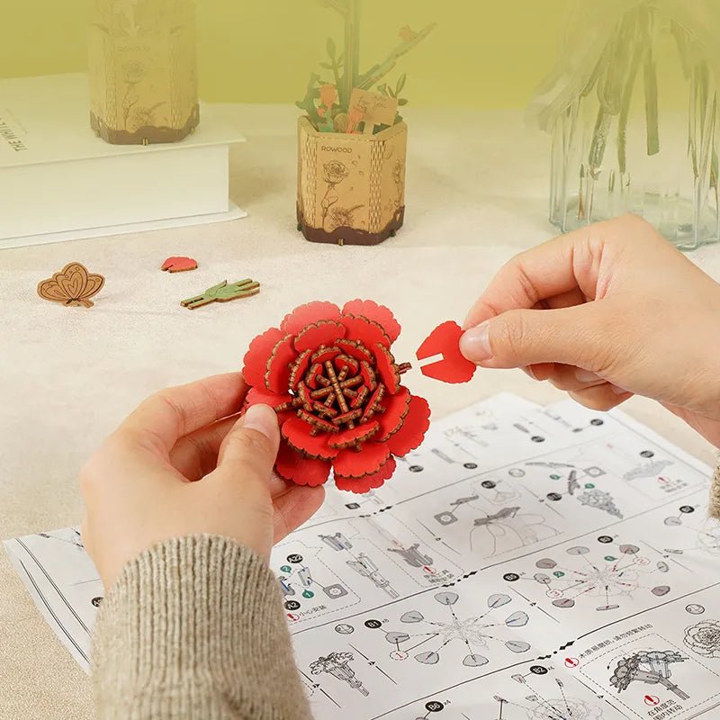 Robotime l Rote Nelke | 3D Holzpuzzle Blumenserie - Lama Welt
