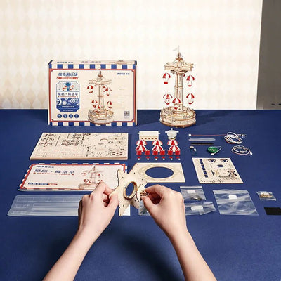 Robotime | Mechanischer Fallschirmturm Musikbox „Parachute Tower“ | 3D Holzpuzzle - Lama Welt