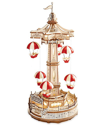 Robotime | Mechanischer Fallschirmturm Musikbox „Parachute Tower“ | 3D Holzpuzzle - Lama Welt