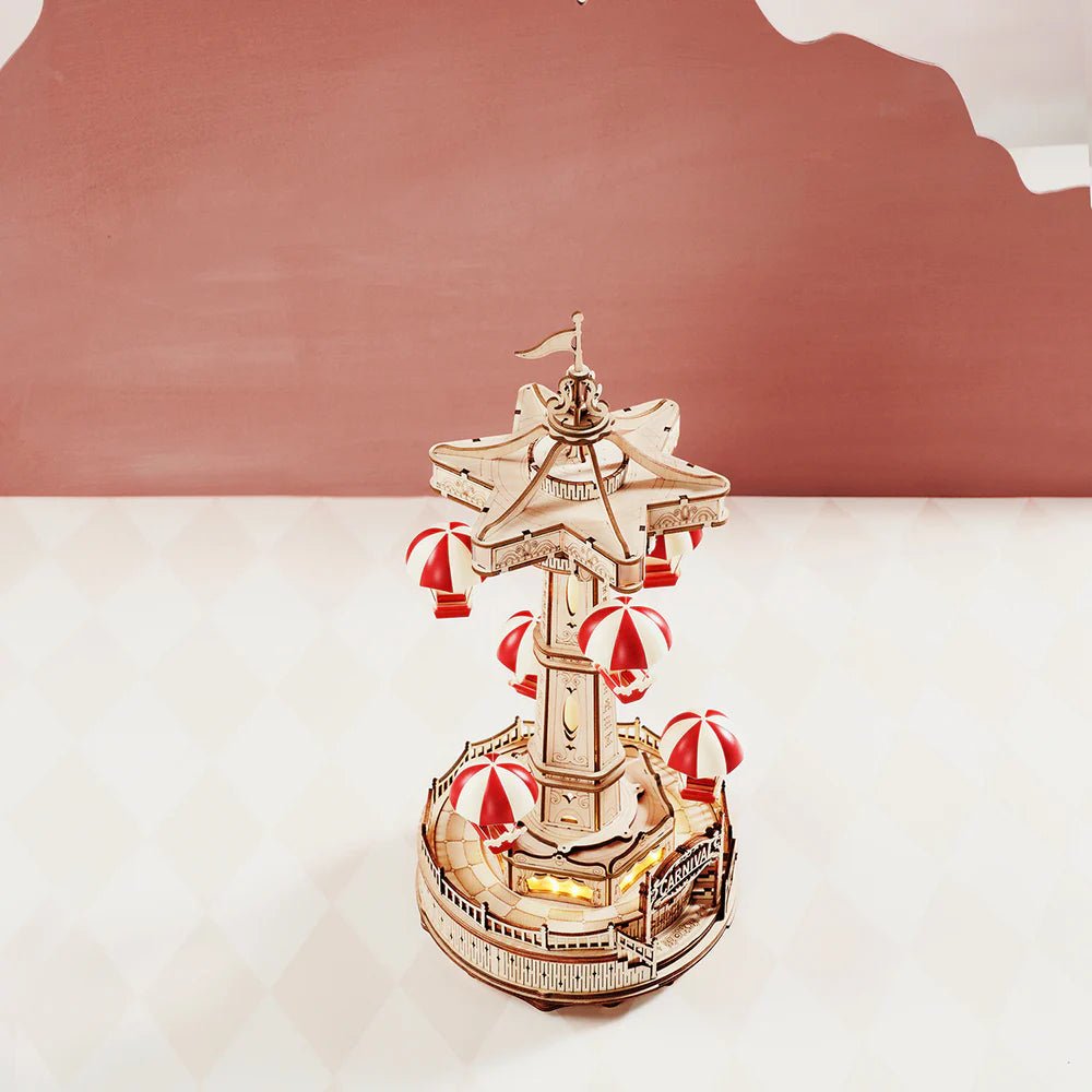 Robotime | Mechanischer Fallschirmturm Musikbox „Parachute Tower“ | 3D Holzpuzzle - Lama Welt