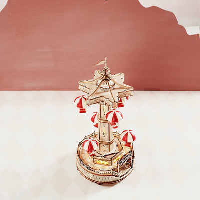 Robotime | Mechanischer Fallschirmturm Musikbox „Parachute Tower“ | 3D Holzpuzzle - Lama Welt