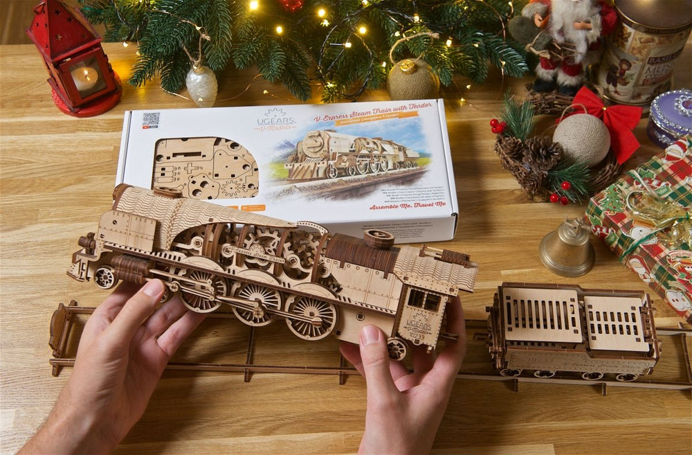 Ugears – V - Express Dampflokomotive Mit Tender Wagen | 3D Holzpuzzle - Lama Welt
