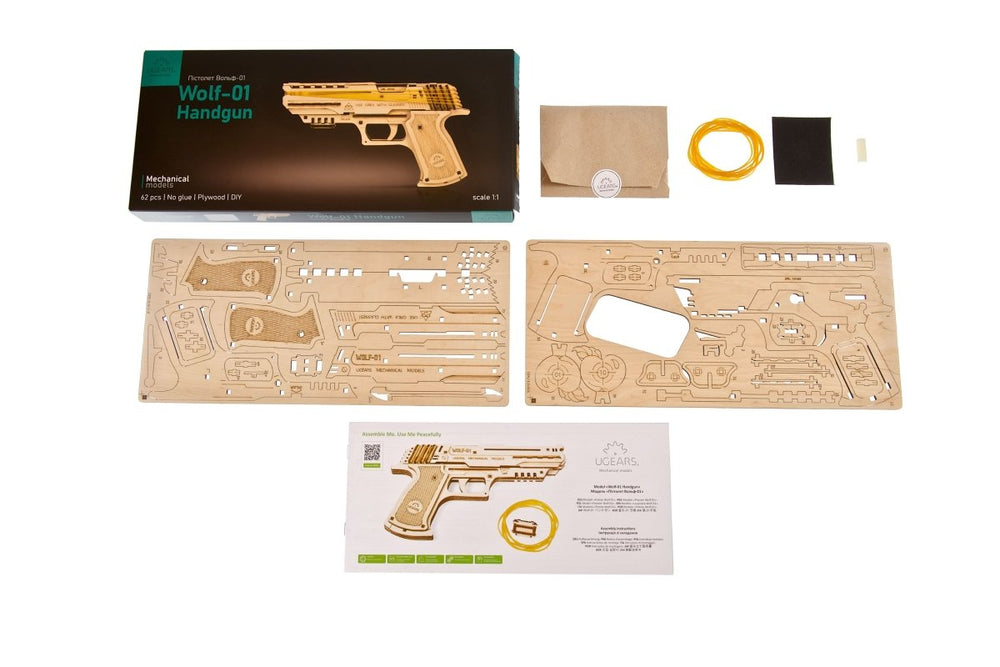 Ugears – Wolf - 01 Handfeuerwaffe Gummiband - Pistole | 3D Holzpuzzle - Lama Welt
